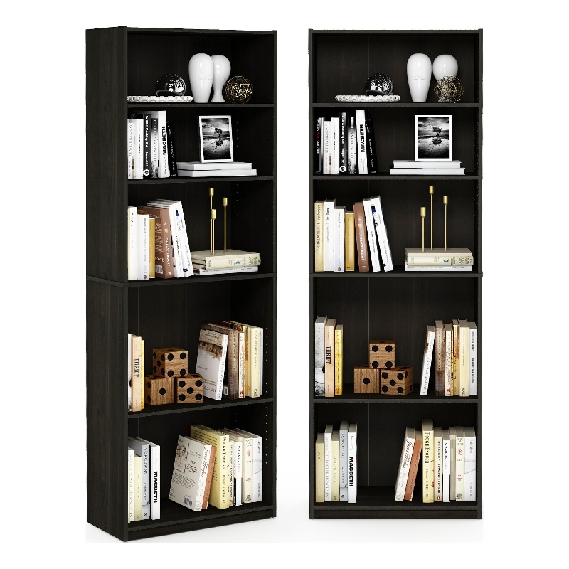 Pemberly Row Set of 2 Five Tier Bookshelf with Adjustable Shelf in Espresso