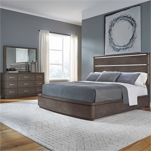 Pemberly Row King Panel Bed with Dresser and Mirror in Brown