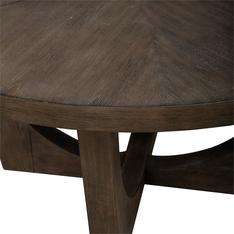 Pemberly Row Pedestal Dining Table with Sunburst Veneer Top in Brown