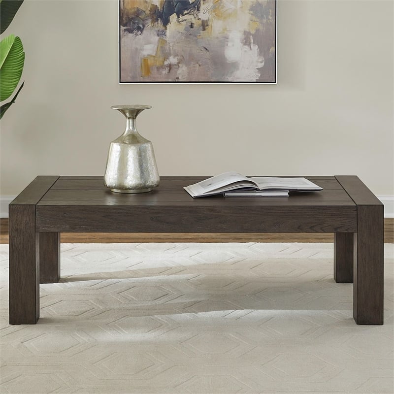 Pemberly Row Rectangular Cocktail Table with Planked Top in Brown