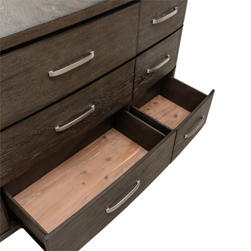 Pemberly Row 9 Drawer Dresser and Mirror with Starburst Veneer in Brown