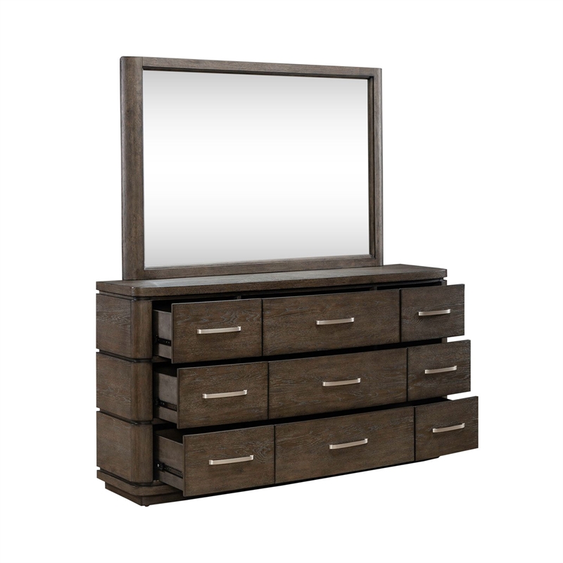 Pemberly Row 9 Drawer Dresser and Mirror with Starburst Veneer in Brown