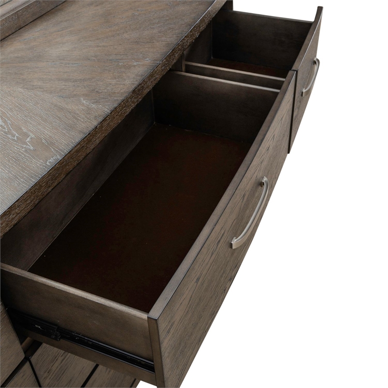 Pemberly Row 9 Drawer Dresser and Mirror with Starburst Veneer in Brown