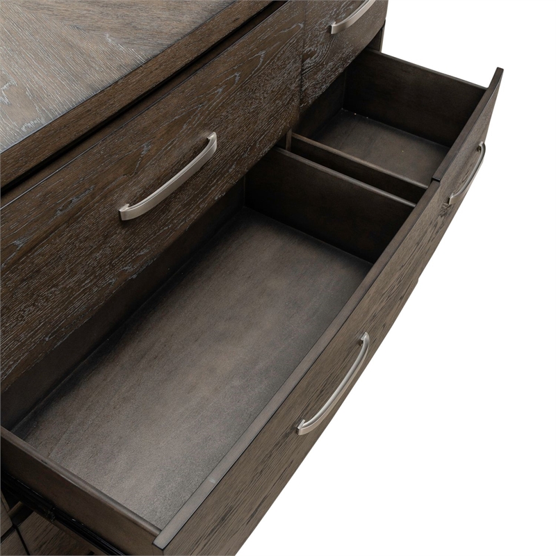 Pemberly Row 9 Drawer Dresser and Mirror with Starburst Veneer in Brown