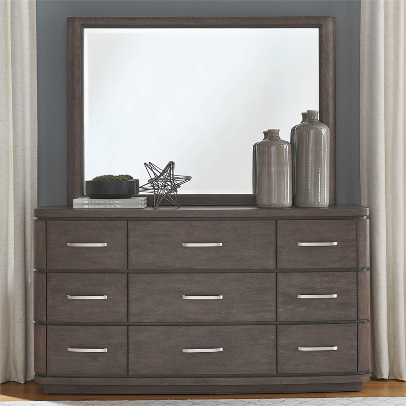 Pemberly Row 9 Drawer Dresser and Mirror with Starburst Veneer in Brown