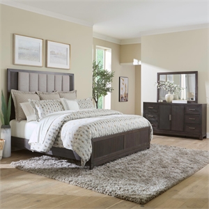 Pemberly Row Queen Upholstered Bed with Dresser and Mirror in Brown