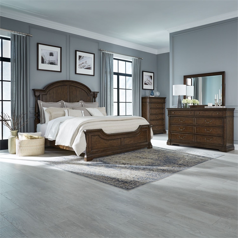 Pemberly Row California King Poster Bed with Dresser Mirror and Chest in Cherry
