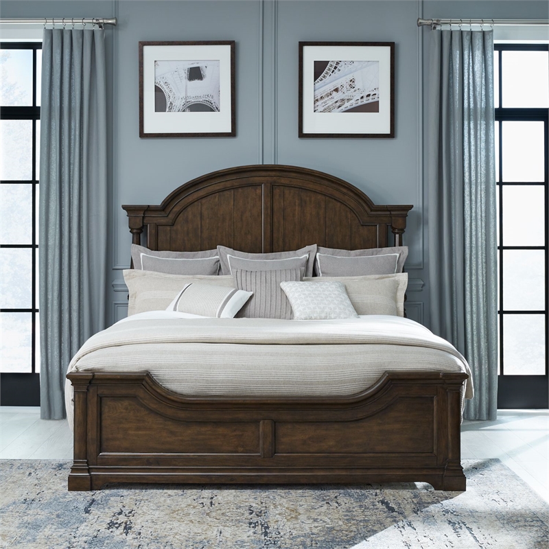 Pemberly Row California King Poster Bed with Dresser Mirror and Chest in Cherry