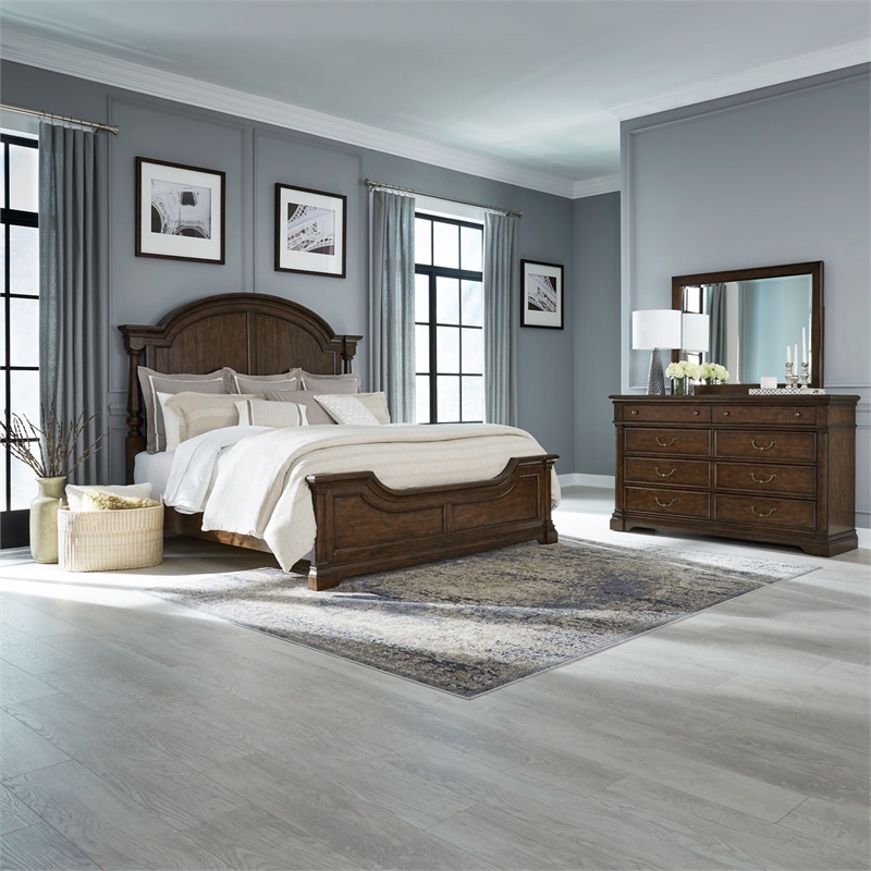Pemberly Row Queen Poster Bed with Dresser and Mirror in Cherry
