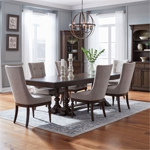 Pemberly Row 7 Piece Trestle Table Set with Upholstered Chairs in Cherry