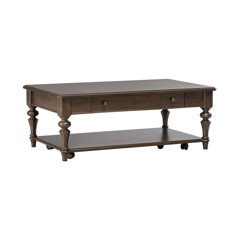 Pemberly Row Rectangular Cocktail Table with Casters and Open Shelf in Cherry