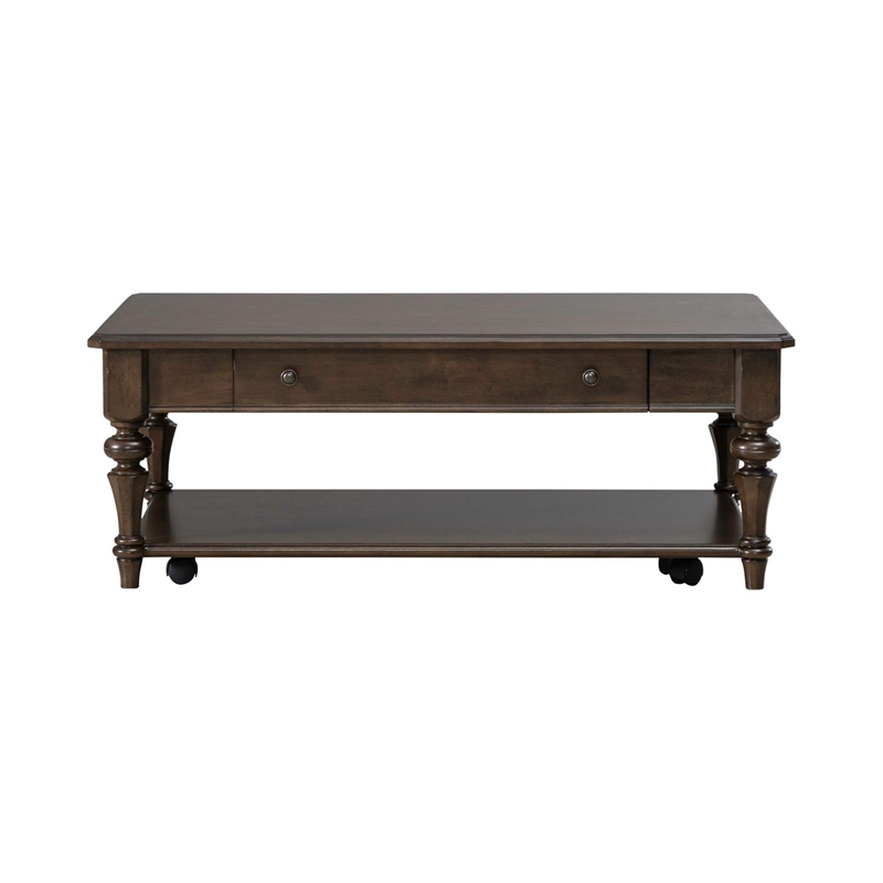 Pemberly Row Rectangular Cocktail Table with Casters and Open Shelf in Cherry