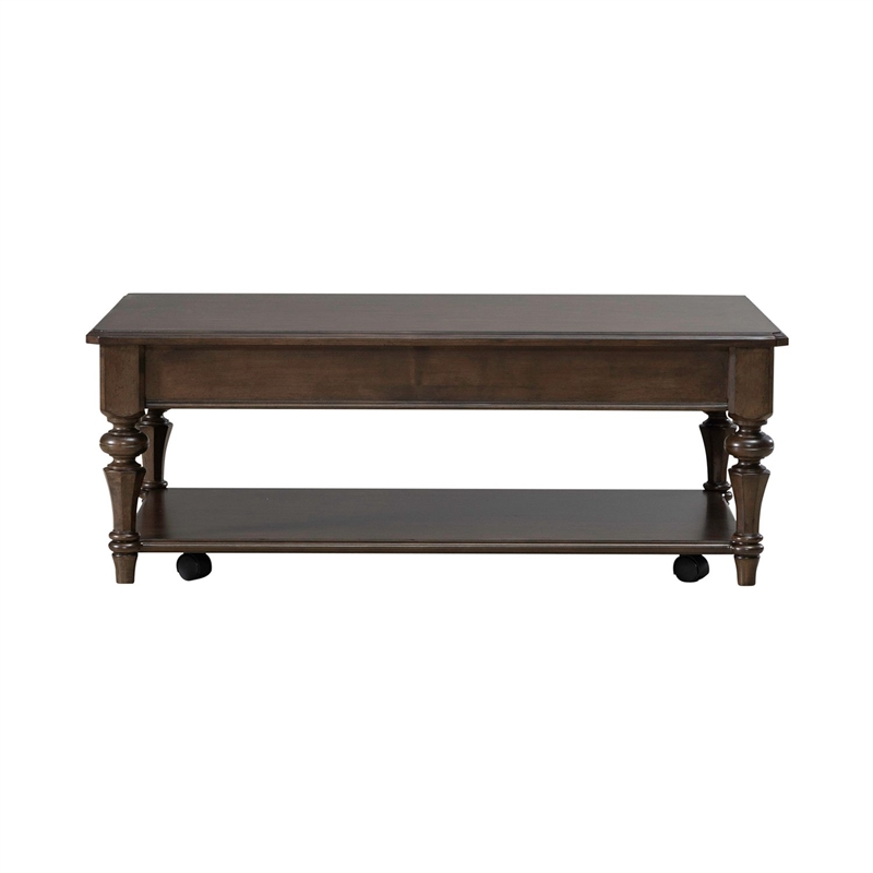 Pemberly Row Rectangular Cocktail Table with Casters and Open Shelf in Cherry