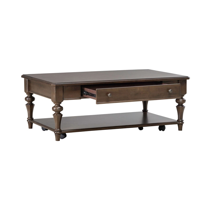 Pemberly Row Rectangular Cocktail Table with Casters and Open Shelf in Cherry