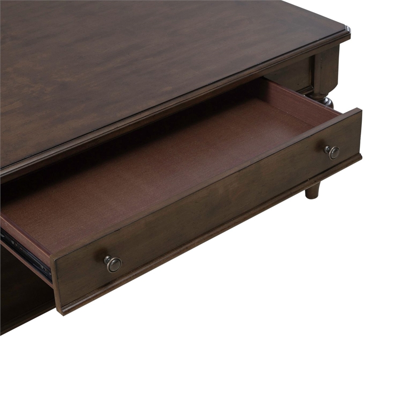 Pemberly Row Rectangular Cocktail Table with Casters and Open Shelf in Cherry