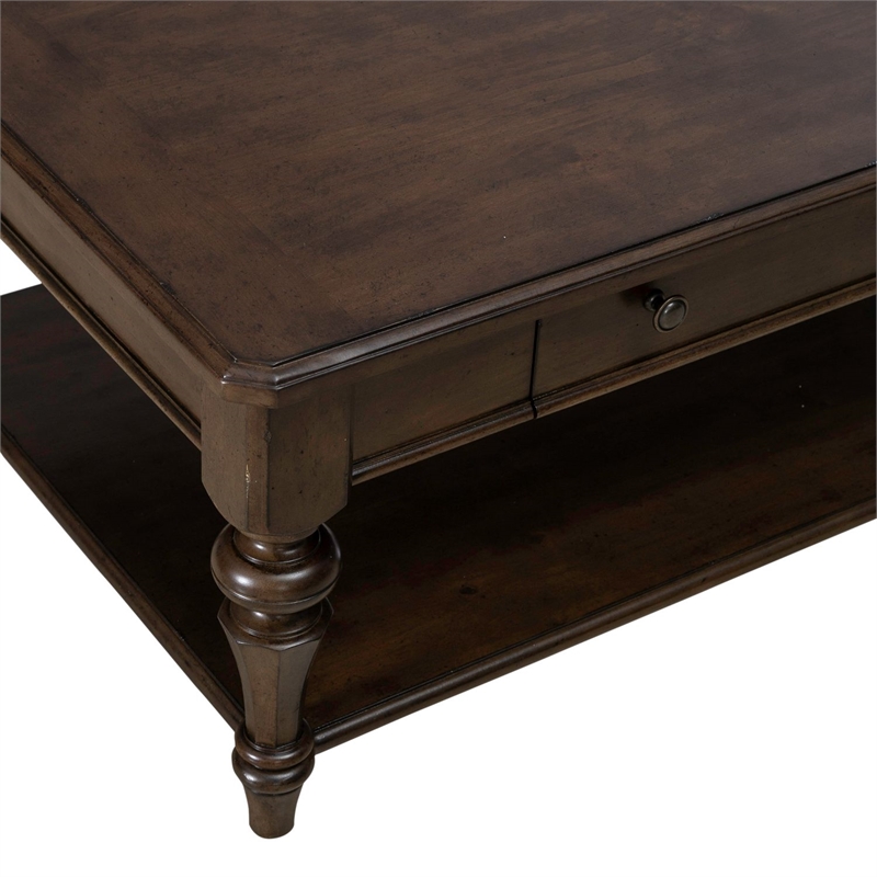 Pemberly Row Rectangular Cocktail Table with Casters and Open Shelf in Cherry