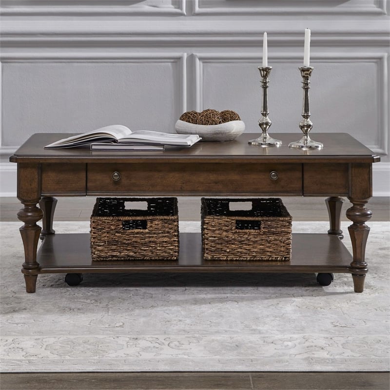 Pemberly Row Rectangular Cocktail Table with Casters and Open Shelf in Cherry