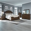 Pemberly Row Cal King Poster Bed with Dresser Mirror Chest Nightstand in Cherry
