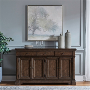 Pemberly Row Dining Buffet with Felt Lined Drawers and Wine Rack in Satin Cherry