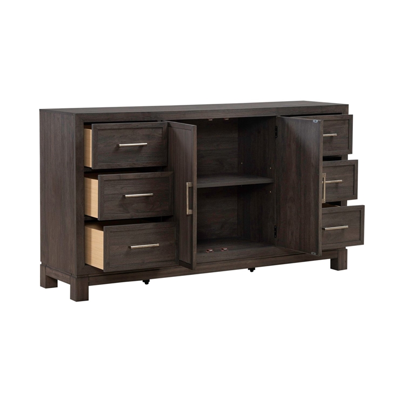 Pemberly Row 2 Door 6 Drawer Dresser with Reeded Molding in Caffe Brown