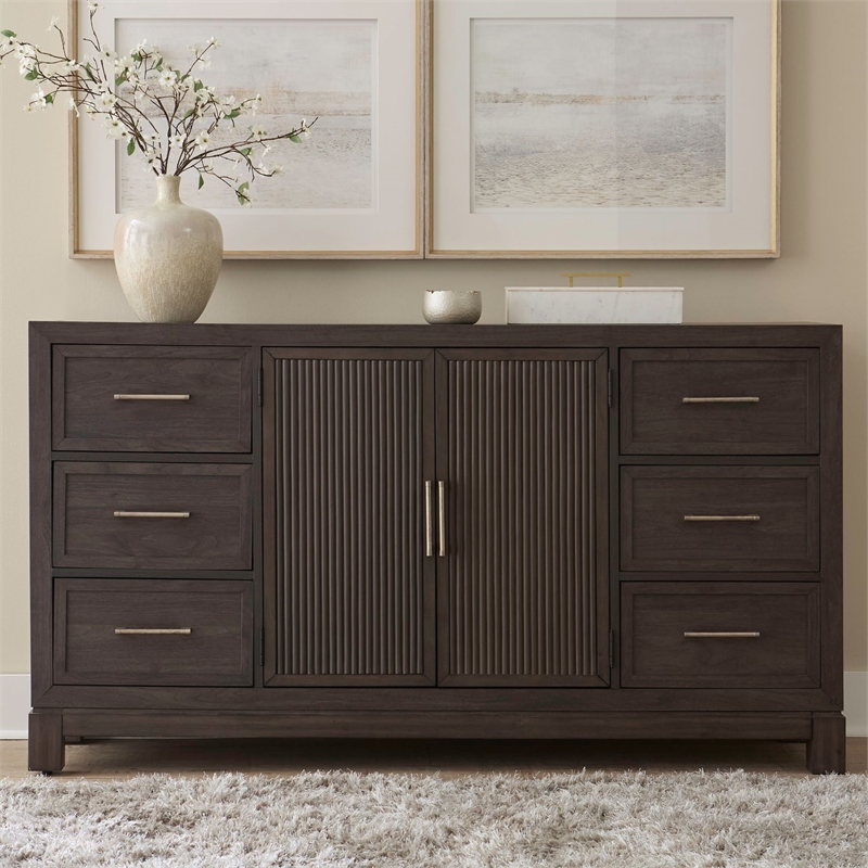 Pemberly Row 2 Door 6 Drawer Dresser with Reeded Molding in Caffe Brown
