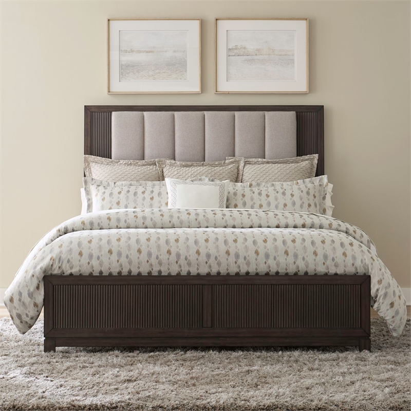 Pemberly Row King Upholstered Bed Dresser Mirror Chest Nightstand in Brown