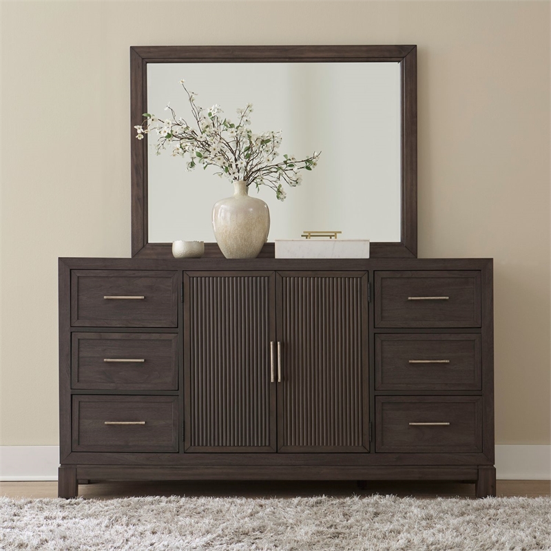 Pemberly Row King Upholstered Bed Dresser Mirror Chest Nightstand in Brown