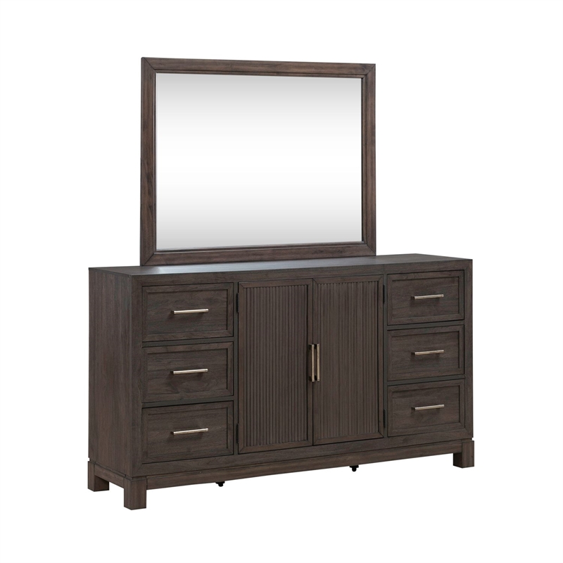 Pemberly Row King Upholstered Bed Dresser Mirror Chest Nightstand in Brown