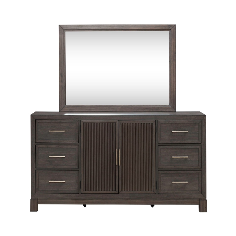 Pemberly Row King Upholstered Bed Dresser Mirror Chest Nightstand in Brown
