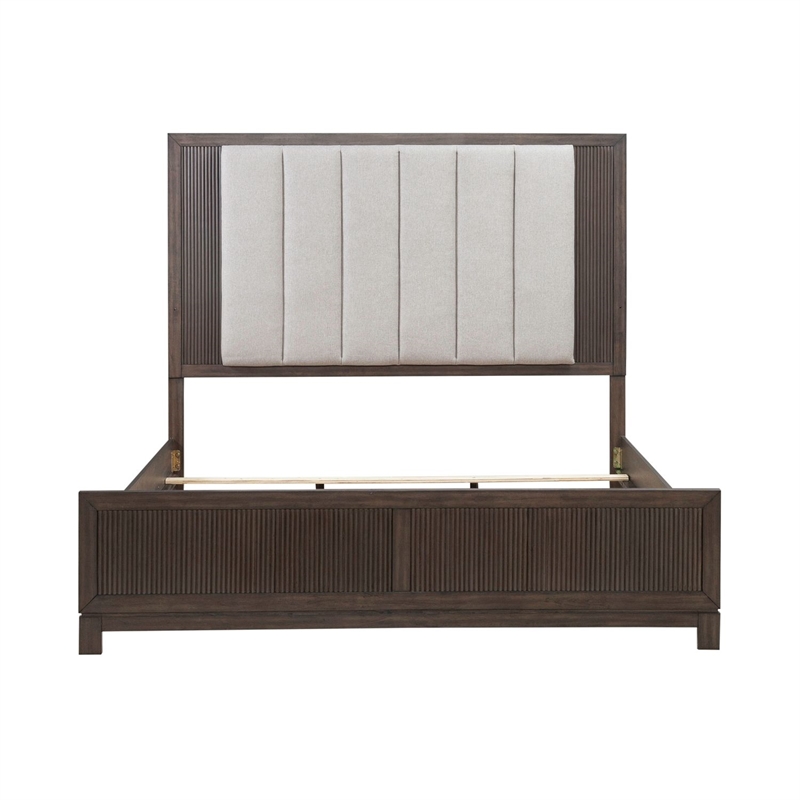 Pemberly Row King Upholstered Bed Dresser Mirror Chest Nightstand in Brown
