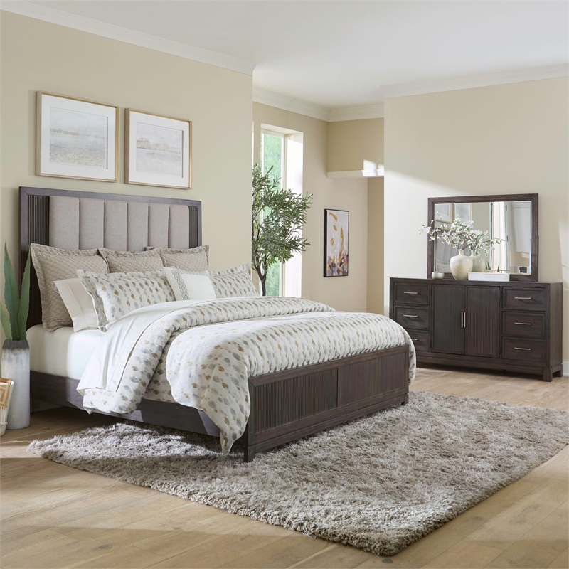Pemberly Row King Upholstered Bed Dresser Mirror Chest Nightstand in Brown