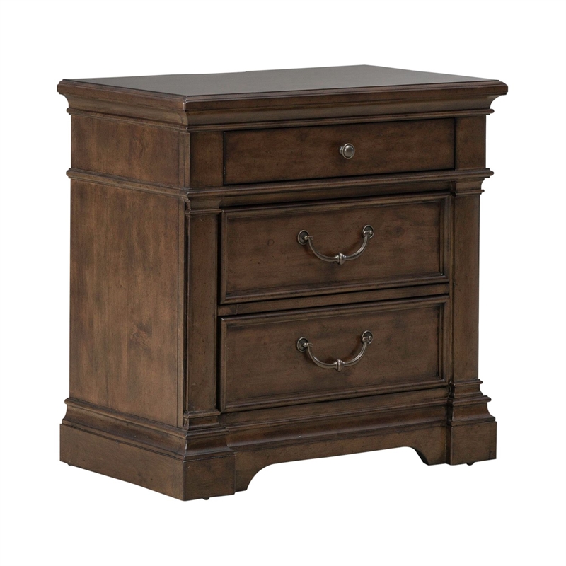 Pemberly Row Queen Poster Bed with Dresser Mirror and Nightstand in Cherry