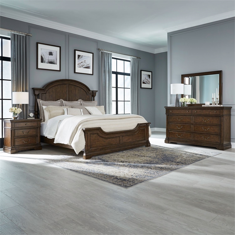 Pemberly Row Queen Poster Bed with Dresser Mirror and Nightstand in Cherry