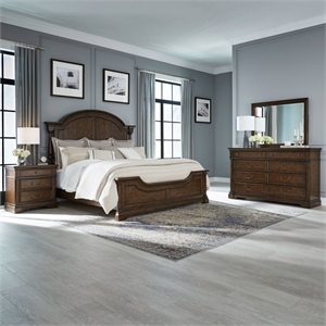 Pemberly Row Queen Poster Bed with Dresser Mirror and Nightstand in Cherry