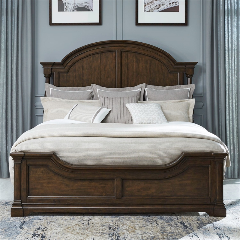 Pemberly Row Queen Poster Bed with Dresser Mirror and Nightstand in Cherry