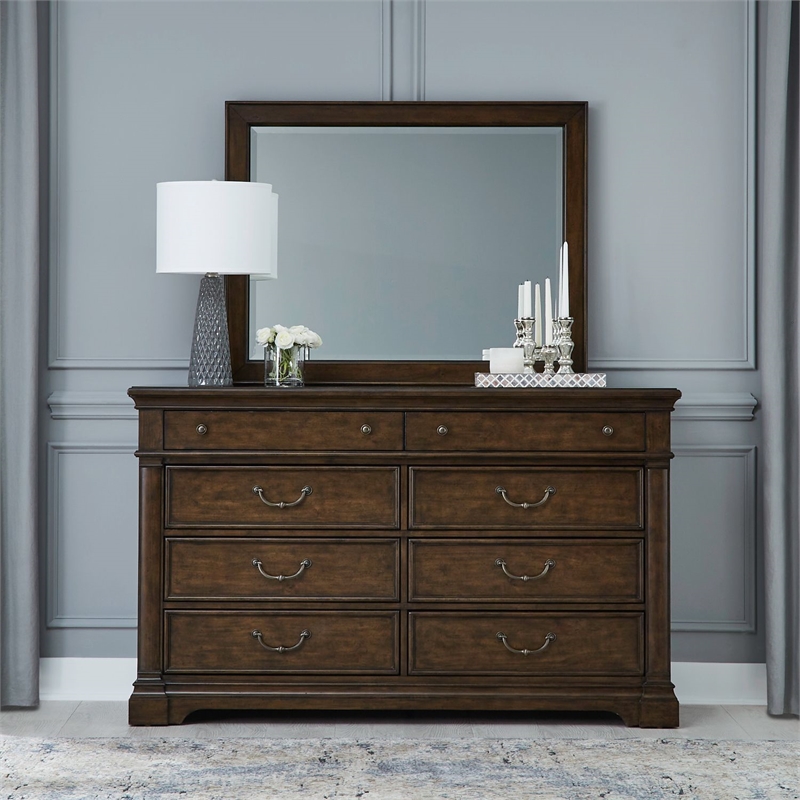 Pemberly Row Queen Poster Bed with Dresser Mirror and Nightstand in Cherry