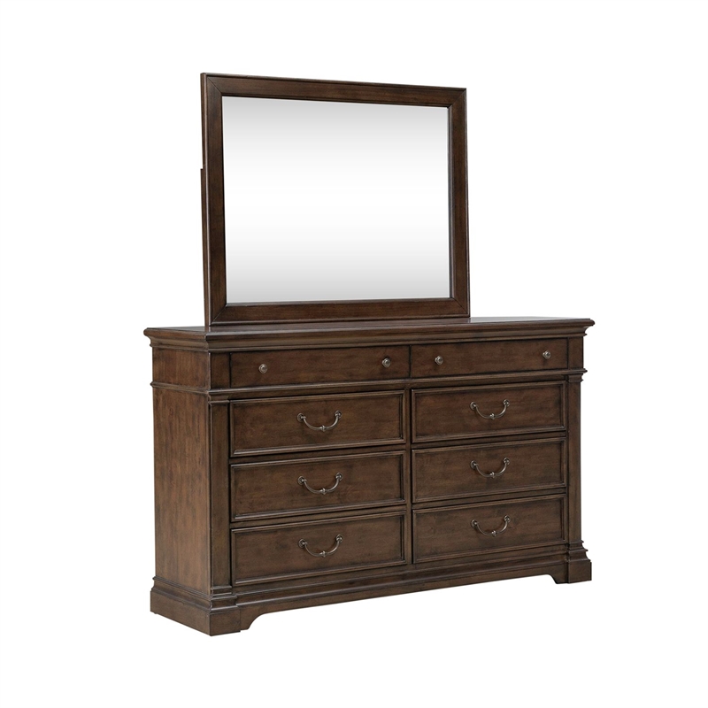 Pemberly Row Queen Poster Bed with Dresser Mirror and Nightstand in Cherry