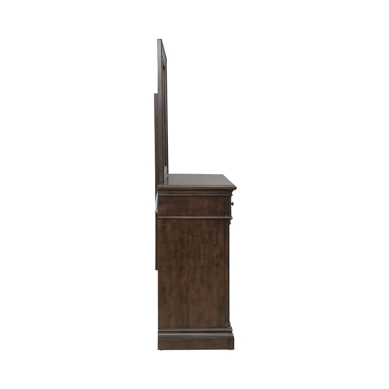 Pemberly Row Queen Poster Bed with Dresser Mirror and Nightstand in Cherry