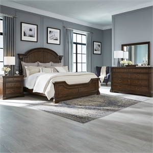 Pemberly Row King Poster Bed with Dresser Mirror and Nightstand in Cherry