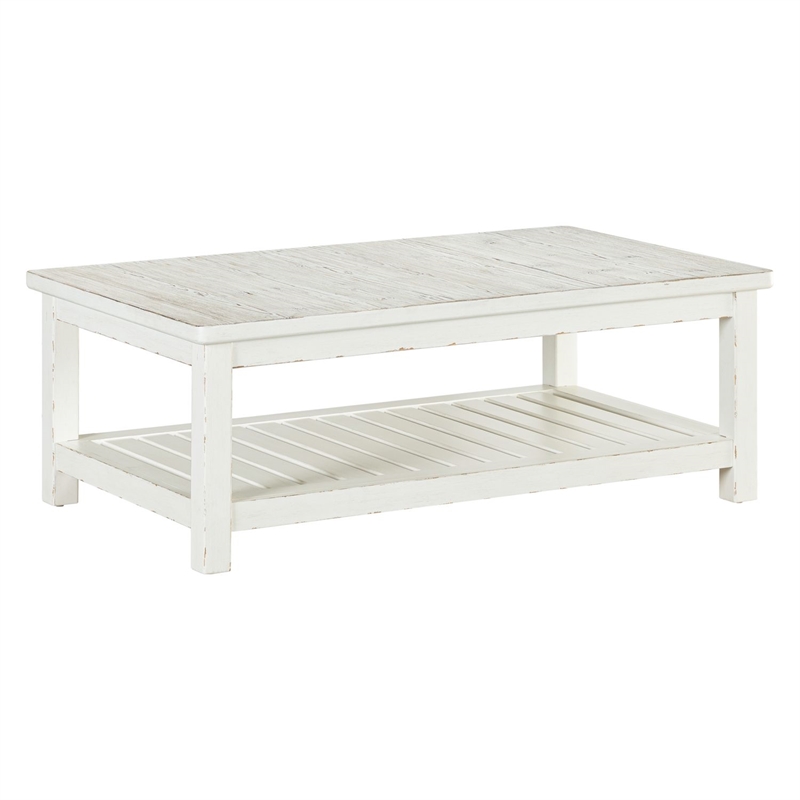 Pemberly Row Rectangular Cocktail Table with Slatted Shelf in White