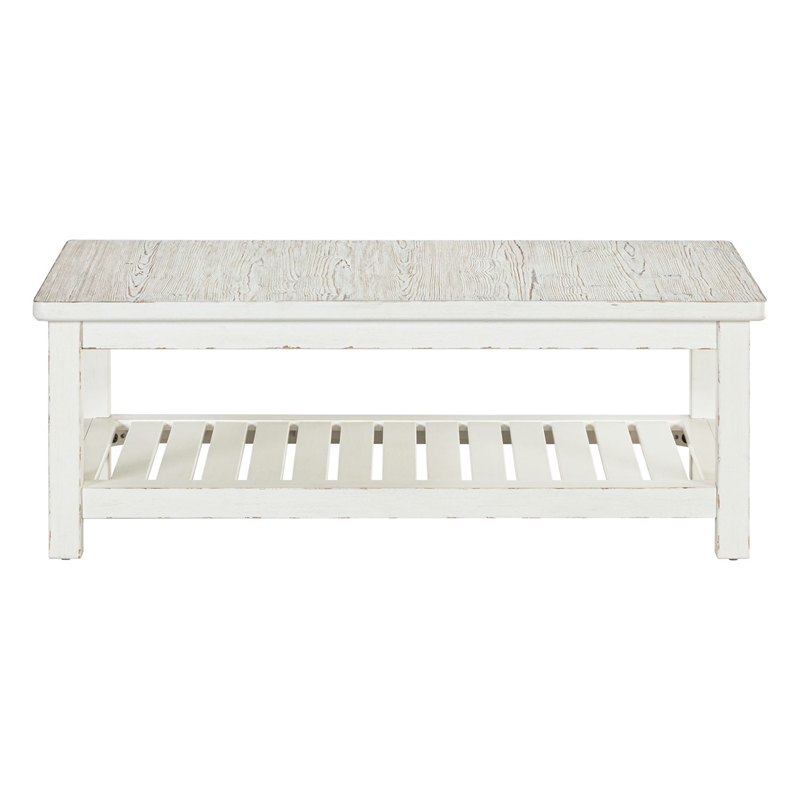 Pemberly Row Rectangular Cocktail Table with Slatted Shelf in White