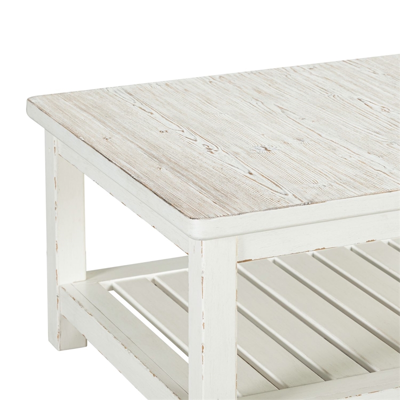 Pemberly Row Rectangular Cocktail Table with Slatted Shelf in White