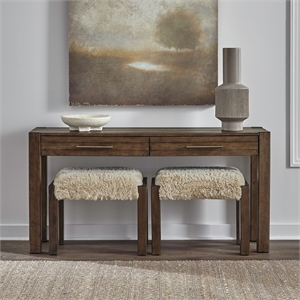 Pemberly Row 3 Piece Console Table Set with Upholstered Stools in Brown