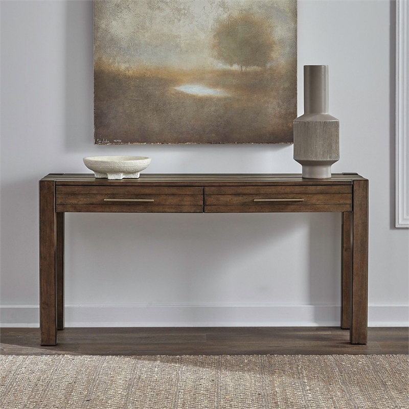 Pemberly Row 3 Piece Console Table Set with Upholstered Stools in Brown