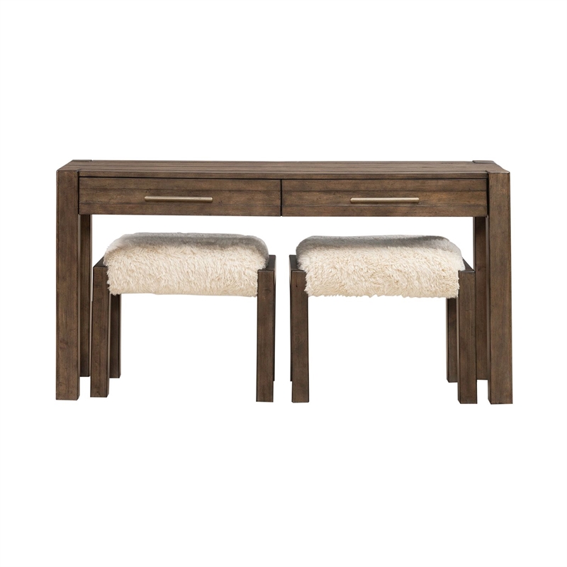 Pemberly Row 3 Piece Console Table Set with Upholstered Stools in Brown
