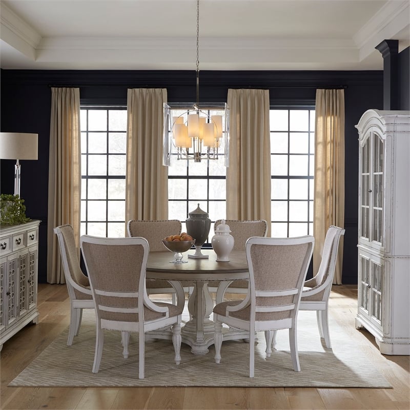 Pemberly Row 7 Piece Round Pedestal Table Set with Wing Back Chairs in White