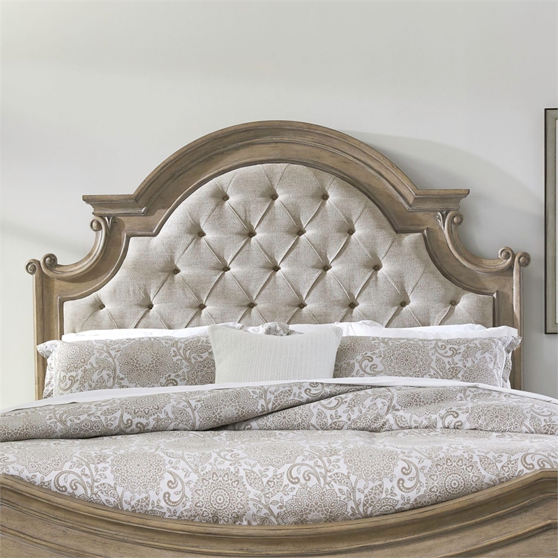Pemberly Row Queen Upholstered Panel Headboard with Arched Crown in Brown