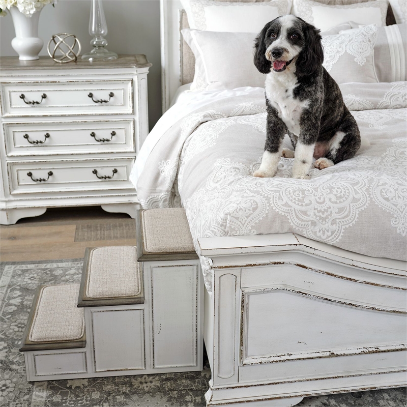Pemberly Row Slip Proof Pet Steps with Rubberwood Frame - Antique White