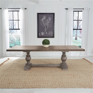 Pemberly Row Dining Room Trestle Table with Self Storing Leaf in Brown