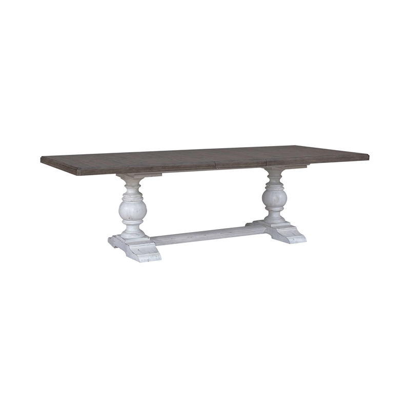 Pemberly Row Trestle Dining Room Table with Self Storing Leaf in White